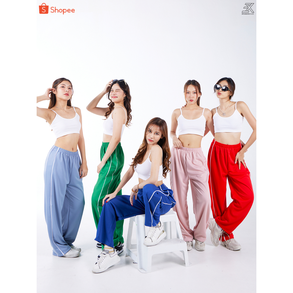 Expogarment กางเกงวอร์ม ขายาว เอวสูง สาวมีสะโพกใส่ได้ แต่งแถบข้าง ทรงสปอร์ต ผ้ากีฬา กางเกงออกกำลังกาย