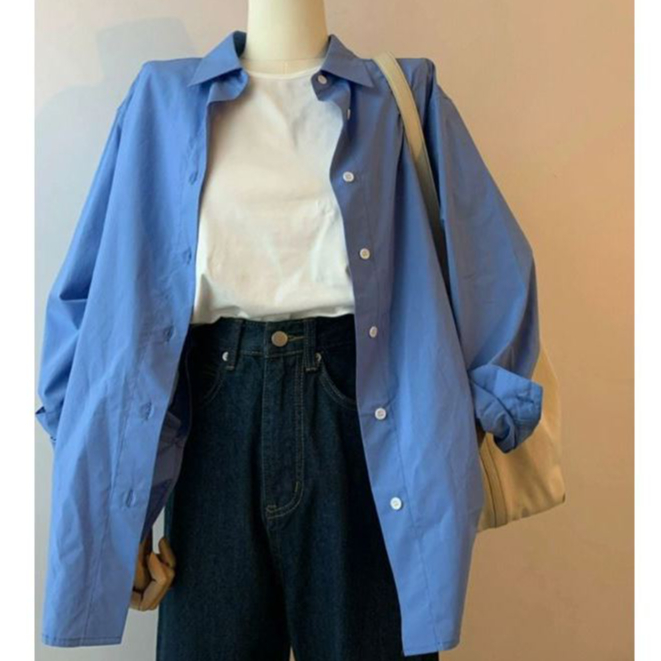 SMD2046 💙🎁✨ เสื้อเชิ้ตแขนยาว คอปก แฟชั่นฤดูใบไม้ร่วงเรียบๆสไตล์สาวๆ สําหรับผู้หญิงสีเข้มตลงปก Freesi