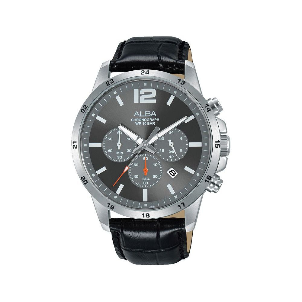 นาฬิกาข้อมือผู้ชาย ALBA Chornograph รุ่น AT3E93X1 สแตนเลสหน้าดำ จับเวลา สายหนัง มีพรายน้ำ รับประกัน 1ปี