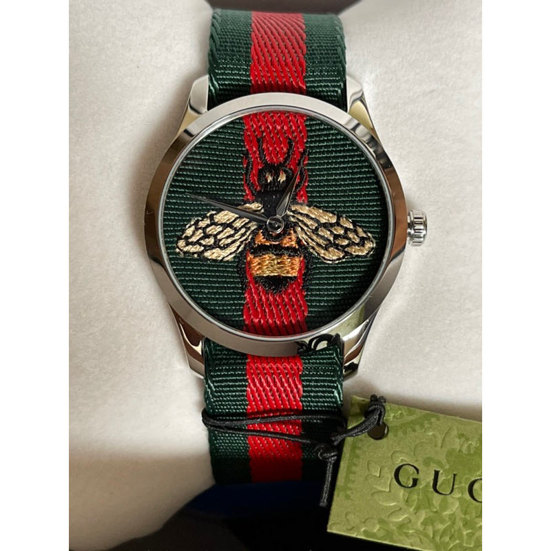 GUCCI bee Men's used watch analog green red dial silver with box YA1264060A