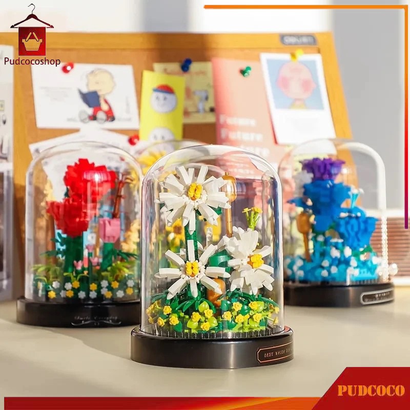 ตัวต่อดอกไม้ พร้อมฝาครอบ ดอกไม้บล็อกอาคาร ช่อดอกไม้ DIY ทานตะวัน ดอกคาร์เนชั่น กุหลาบสีแดง ดอกลิลลี่สีขาว
