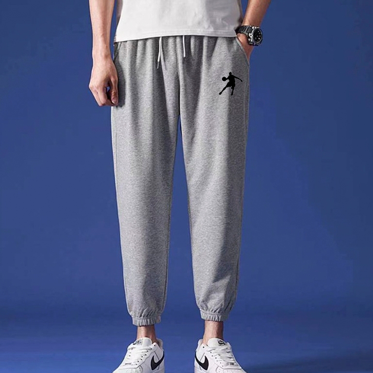 กางเกงวอร์มขายาวผู้ชายกางเกงลำลองทรงหลวมแบบหนาแบรนด์อินเทรนด์บาสเก็ตบอลสีเทาดำกางเก