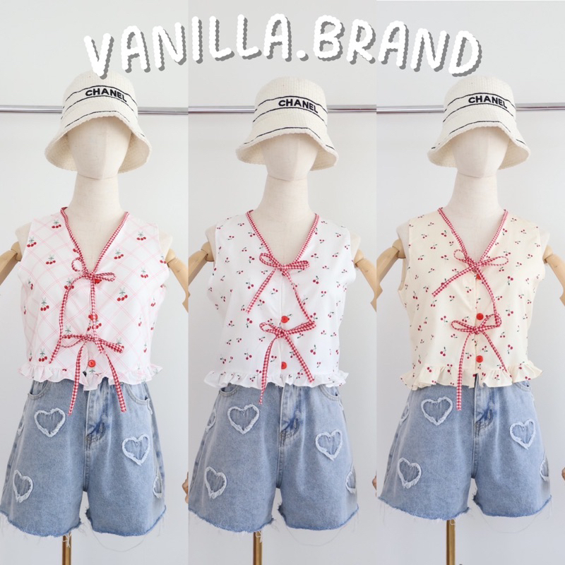 เสื้อแขนกุด กระดุมหน้า แต่งโบว์ ชายระบาย -pd / VB0278