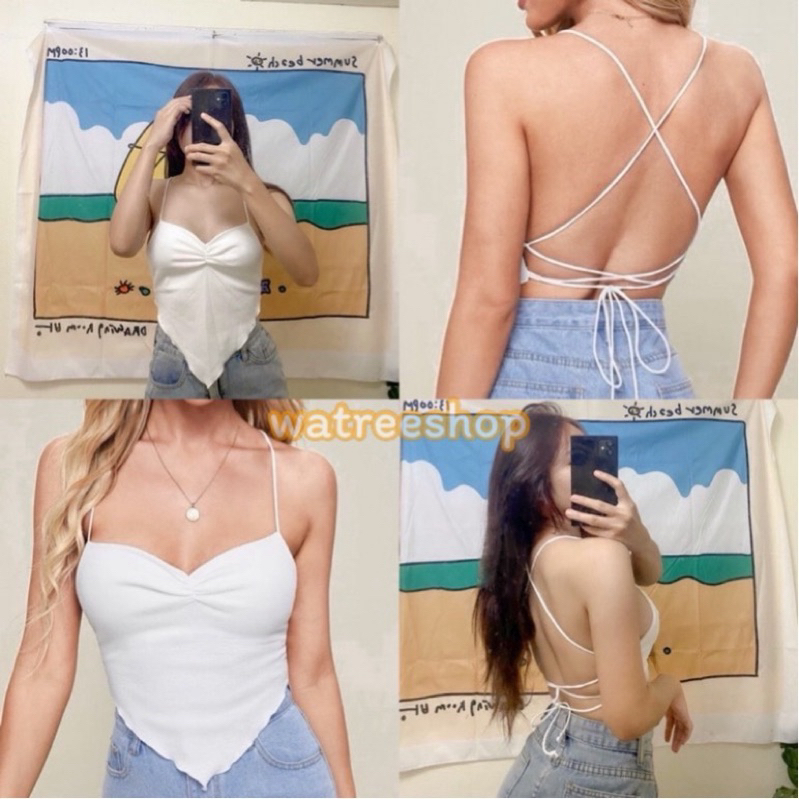 พร้อมส่งในไทย(232) เสื้อสายเดี่ยว โชว์หลัง ผูกหลัง เสื้อรัดรูป สีขาว สีดำ