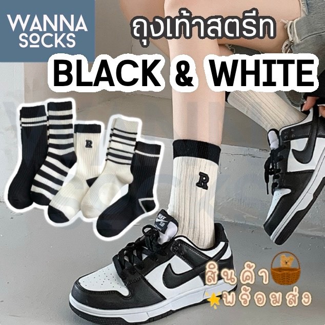ส่งจากไทย!! ถุงเท้าข้อกลาง R Shape สีพื้น ขาว-ดำ ถุงเท้าแฟชั่น ทำจากผ้าฝ้าย A32