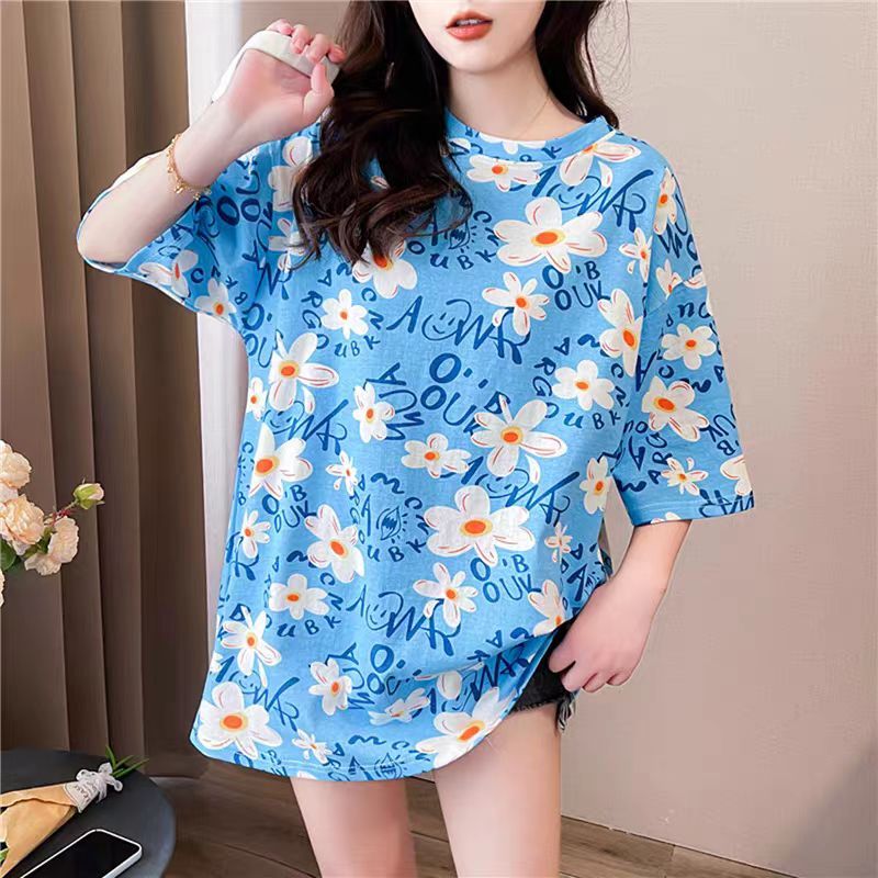 974# เสื้อยืดแฟชั่นผู้หญิง เสื้อแขนสั้นผู้หญิง หลวมใส่สบาย พิมพ์ลายดอกไม้ สไตล์เกาหลี