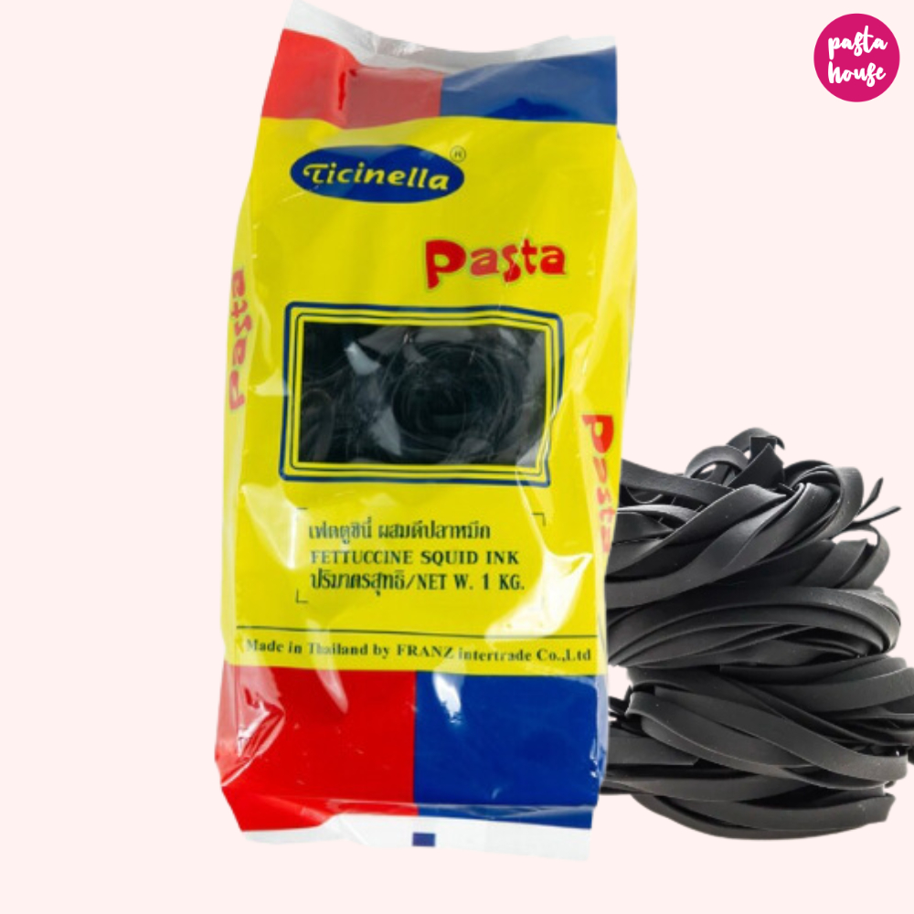 Pasta Ticinella Fettuccine ink 1kg พาสต้าเส้นแบน หมึกดำ พาสต้าหมึกดำ 1Kg