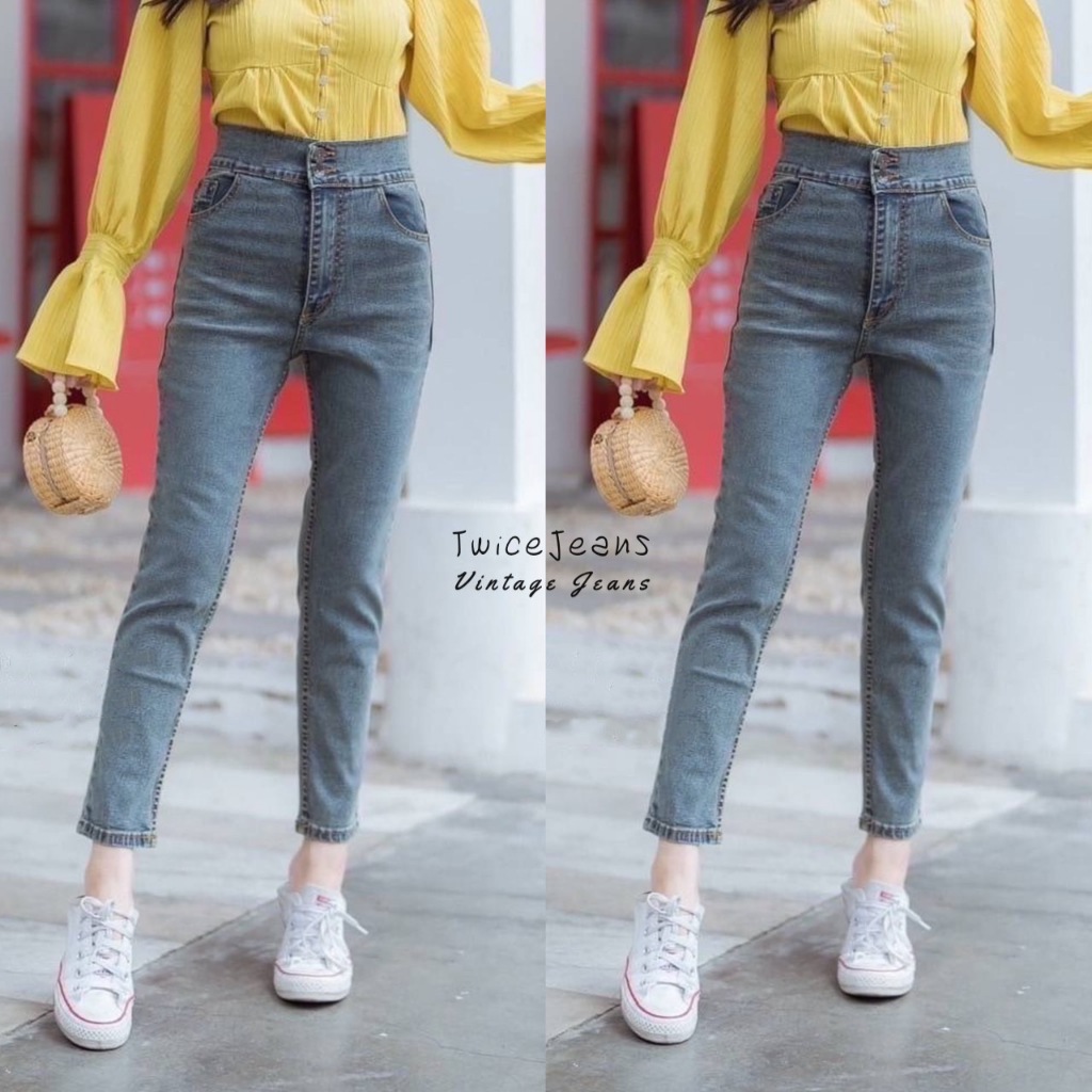 TwiceJeans กางเกงยีนส์ทรงบอยเอวสูงผ้ายืด สองกระดุมเก็บพุง เก็บทรง มี BIG ไซส์ สีสนิมอ่อน