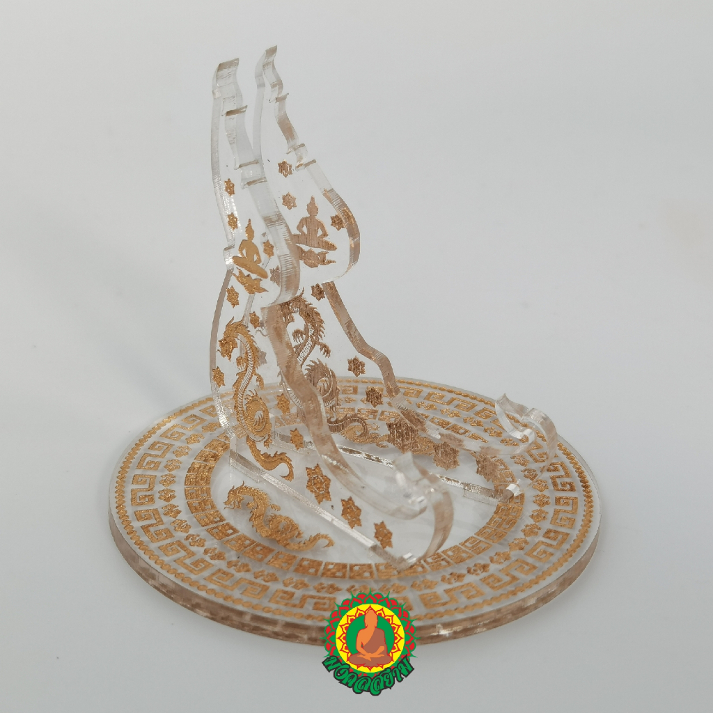 ฐานวางพระเครื่อง​ ลายมังกรสลักฐาน​ อะคริลิคใสลงสีทอง