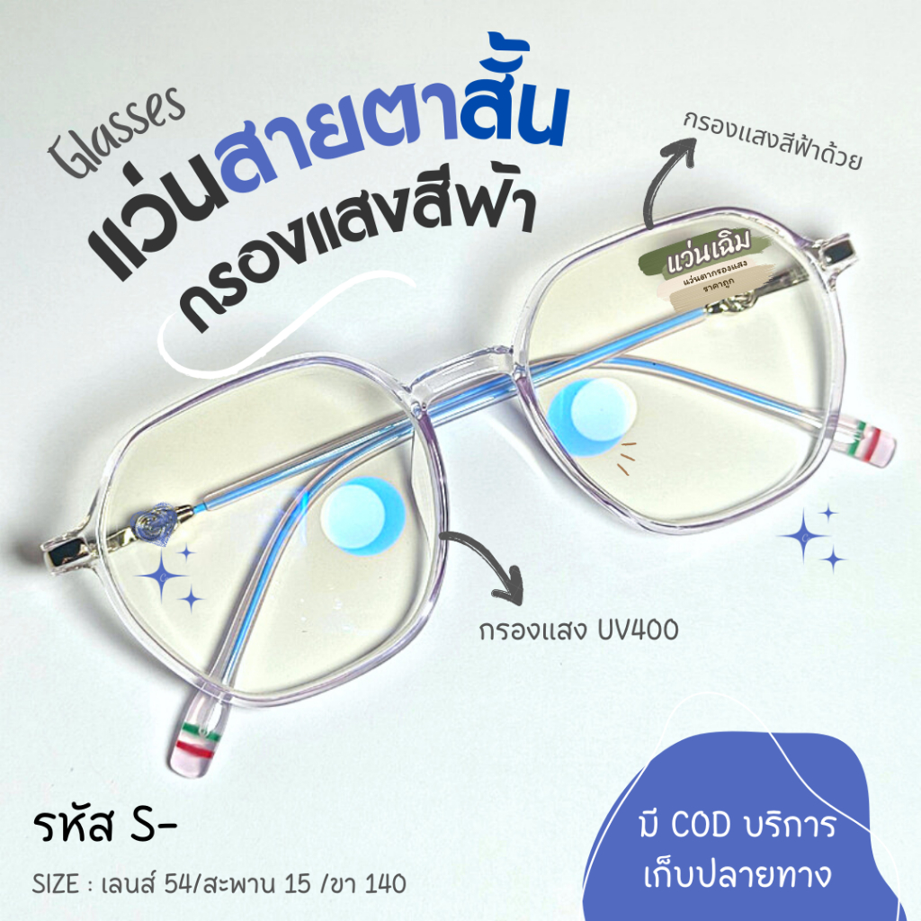 มีเก็บปลายทาง แว่นสายตาสั้น กรองแสงสีฟ้า ทรงหกเหลี่ยมใส (S-)