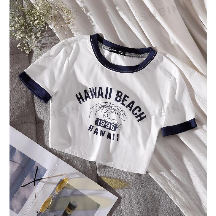 พร้อมส่ง เสื้อยืด ครอป ลายกราฟฟิค ลายตัวอักษร Hawaii คอกลม ริงเกอร์ No. sw2111135229509973