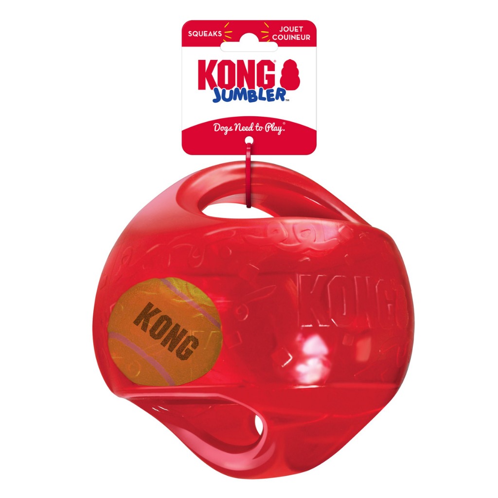 Kong Jumbler Ball ลูกบอลใหญ่ พร้อมลูกเทนนิสภายใน กลิ้งไปกลิ้งมา มีเสียง ลูกบอลมีมือจับ เหมาะสำหรับสุนัขขนาดกลาง-ใหญ่ พลั