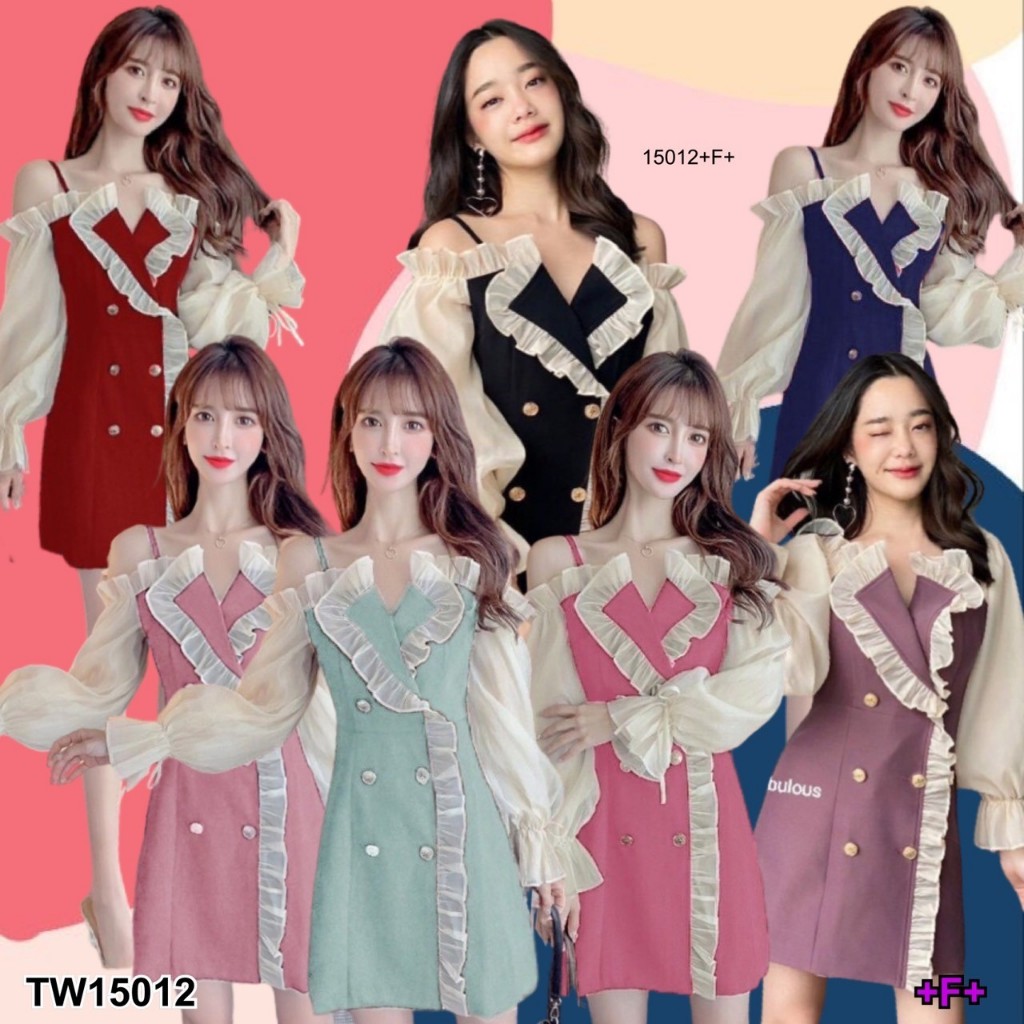 TwinsShopVip พร้อมส่ง TW15012 เดรสสายเดี่ยวแขนซีทรูปกระบาย