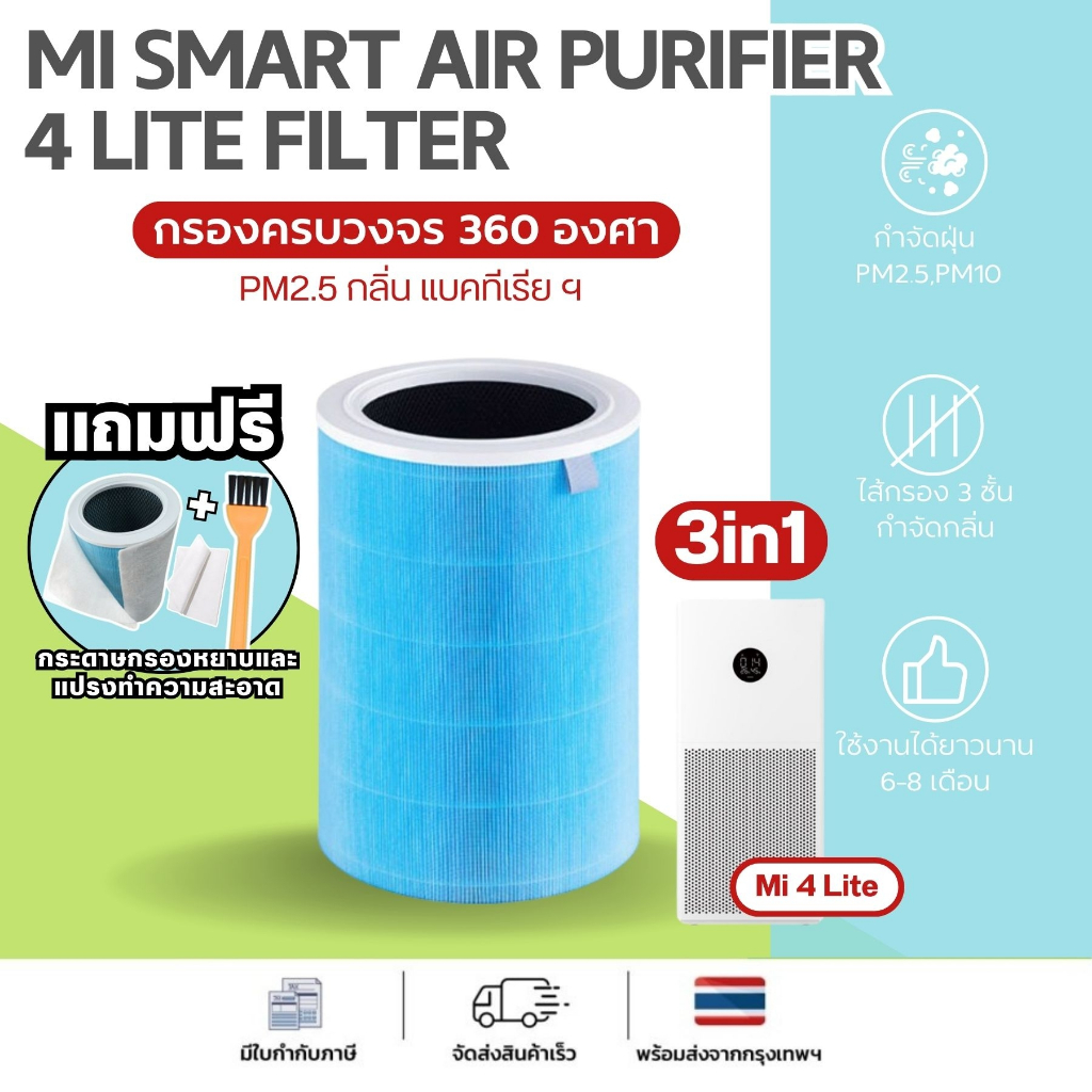 AIRY ไส้กรองอากาศ XIAOMI 4 LITE กรอง 3IN1 360องศา PM2.5 ควัน กลิ่น สารฟอมัลดีไฮด์ มีของแถม เกรดแพทย์ HEPA H13