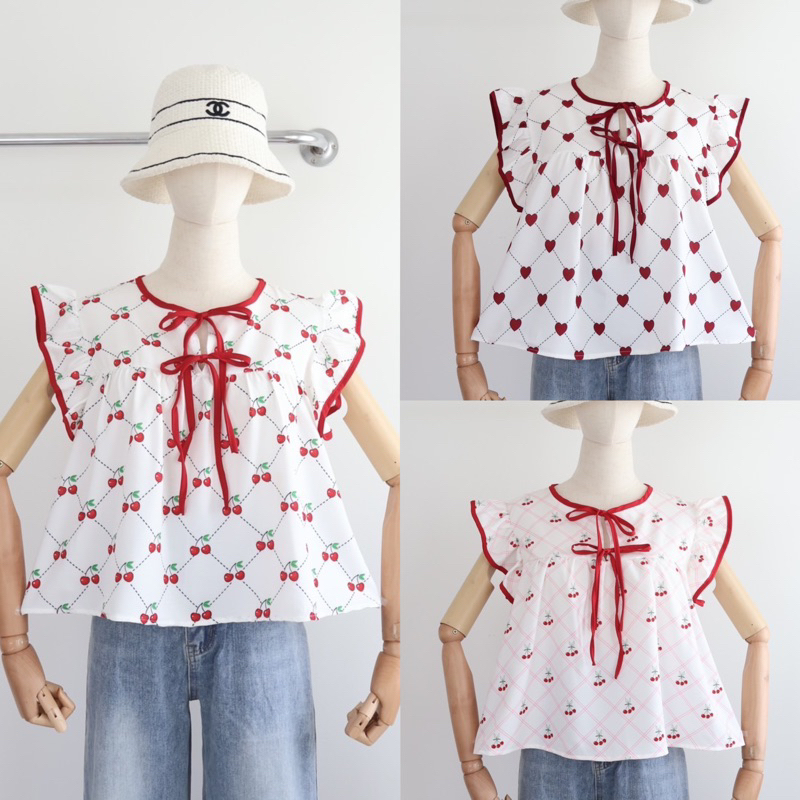 Cherry crop เสื้อกุ้นขอบคอ ผูกโบใหญ่ตัดสีผ้า