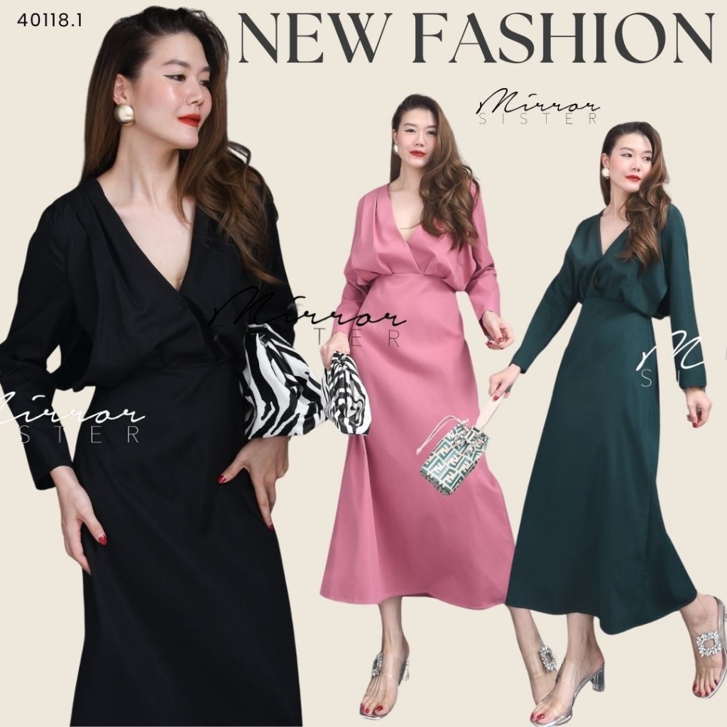 🔖Mirrorsister 40118.1 เดรสทรงสวย ดีไซน์ช่วงบนเป็นแขนยาวอกไขว้ทับกัน ช่วงเอวเข้ารูป กระโปรงทรงสวยชายบานทรงA