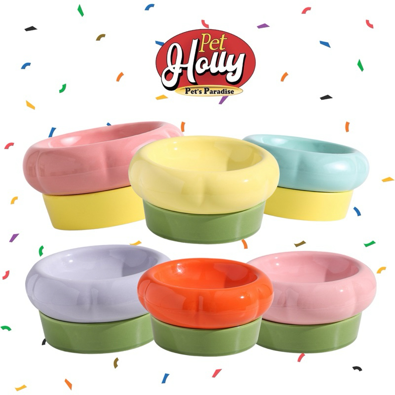 Pet Holly - ชามเซรามิคสองชั้น รุ่นทิวลิป 17 cm เพิ่มความสูงและสามารถแยกอาหารน้ำได้