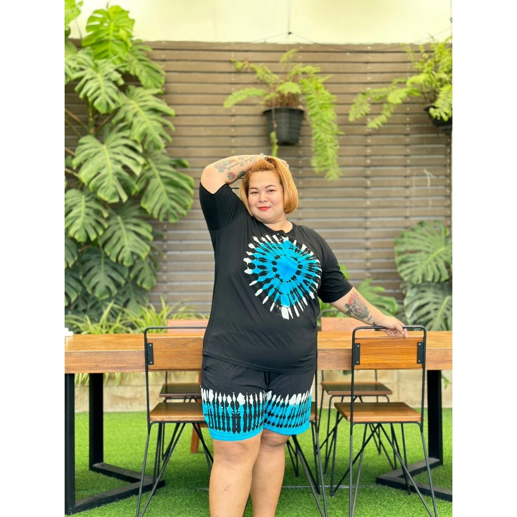 ชุดขาสั้นไซส์ใหญ่ ผ้ายืดมัดย้อมกัดลาย อก 50-56 นิ้ว thumbnail 3