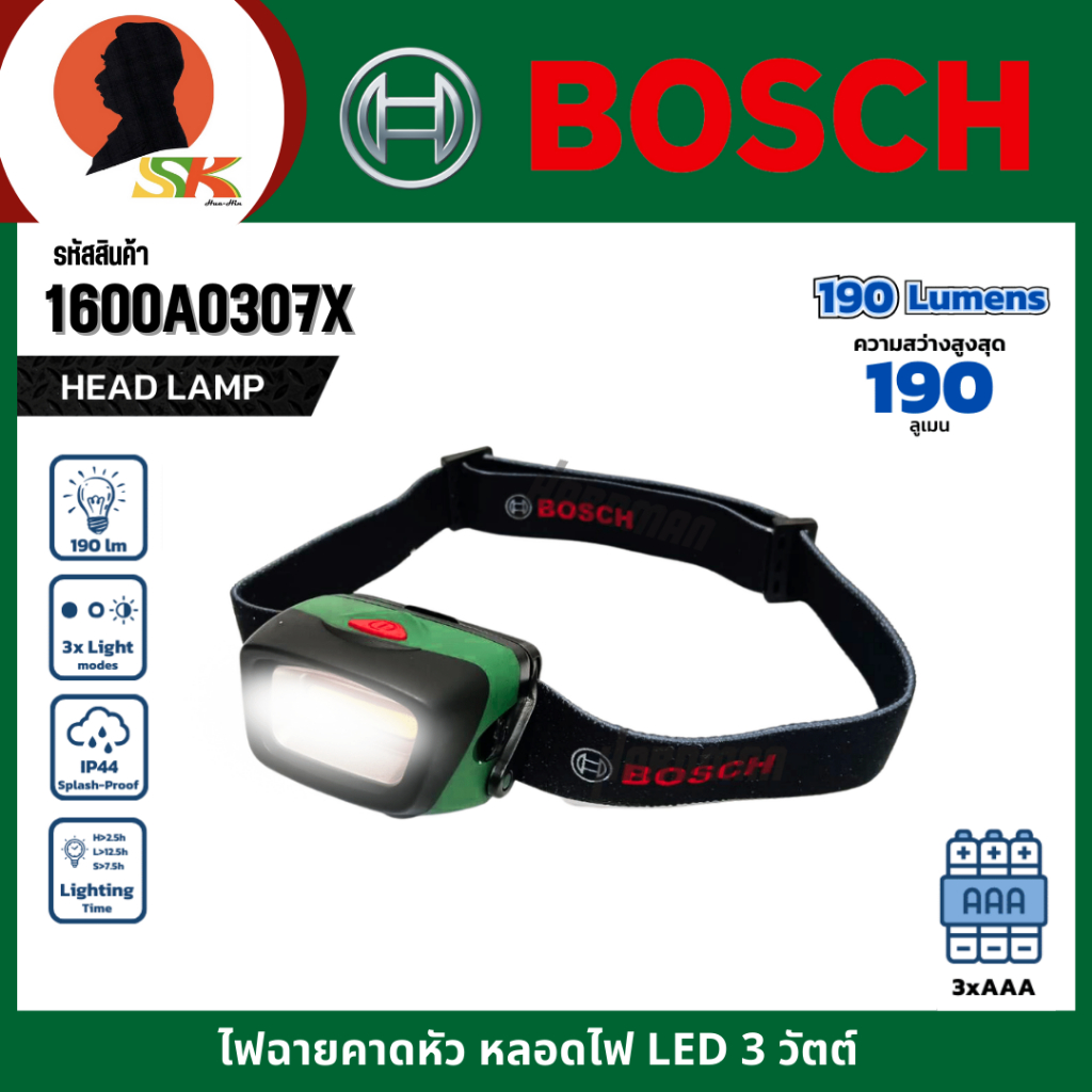 BOSCH ไฟฉายคาดหัว Head Lamp ความสว่างสูงสุด 190 ลูเมน ใช้ถ่าน AAA x 3 ก้อน รหัสสินค้า 16000A0307X

<p>“><center></p>
<h4></h4>
<p><p><font color=