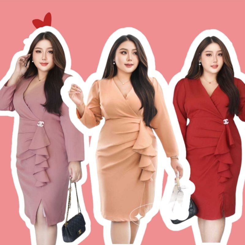 งานพรีเมียม นำเข้า เดรสออกงาน คุณนายไฮโซ แถมเข็มกลัด มีไซส์อก40-50" Peppermint PlusSize (624 C)