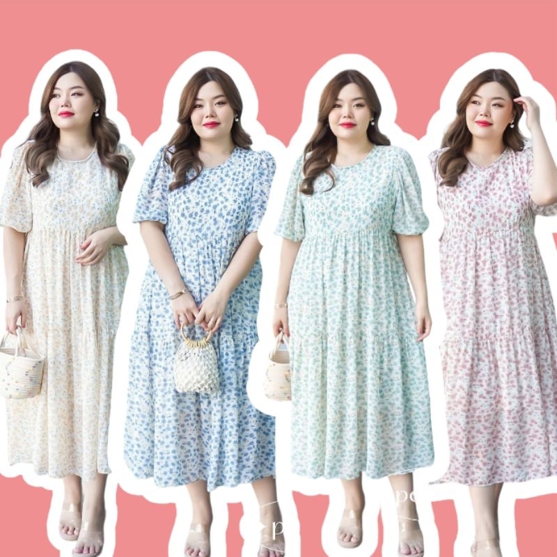 เดรสสาวอวบ มีไซส์ถึง50 ผ้าชีฟองลายดอก สวยใส สไตล์เกาหลี Peppermint PlusSize (645)