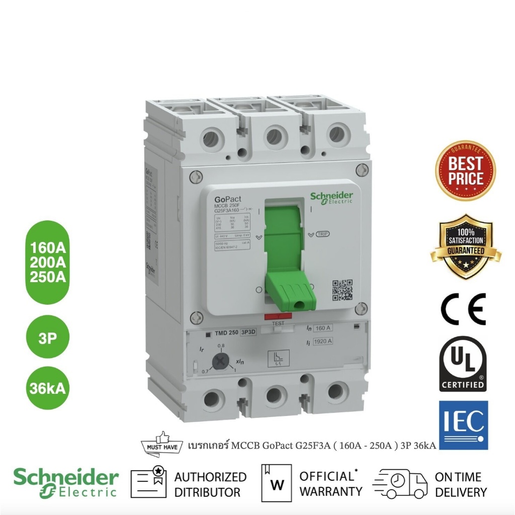 เมนเซอร์กิตเบรกเกอร์ GoPactr ชนิด 3 โพล 36kA  เฟรมไซส์ 200 รุ่น Schneider-MCCB Circuit Breaker