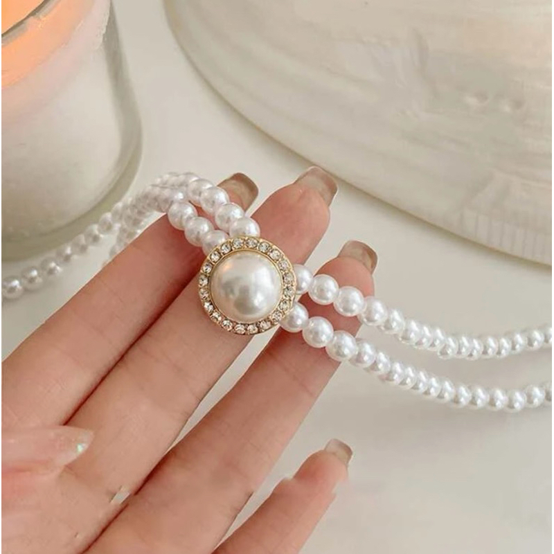 สร้อยคอมุก 2 สายพร้อมจี้มุกล้อมเพชร พร้อมส่ง