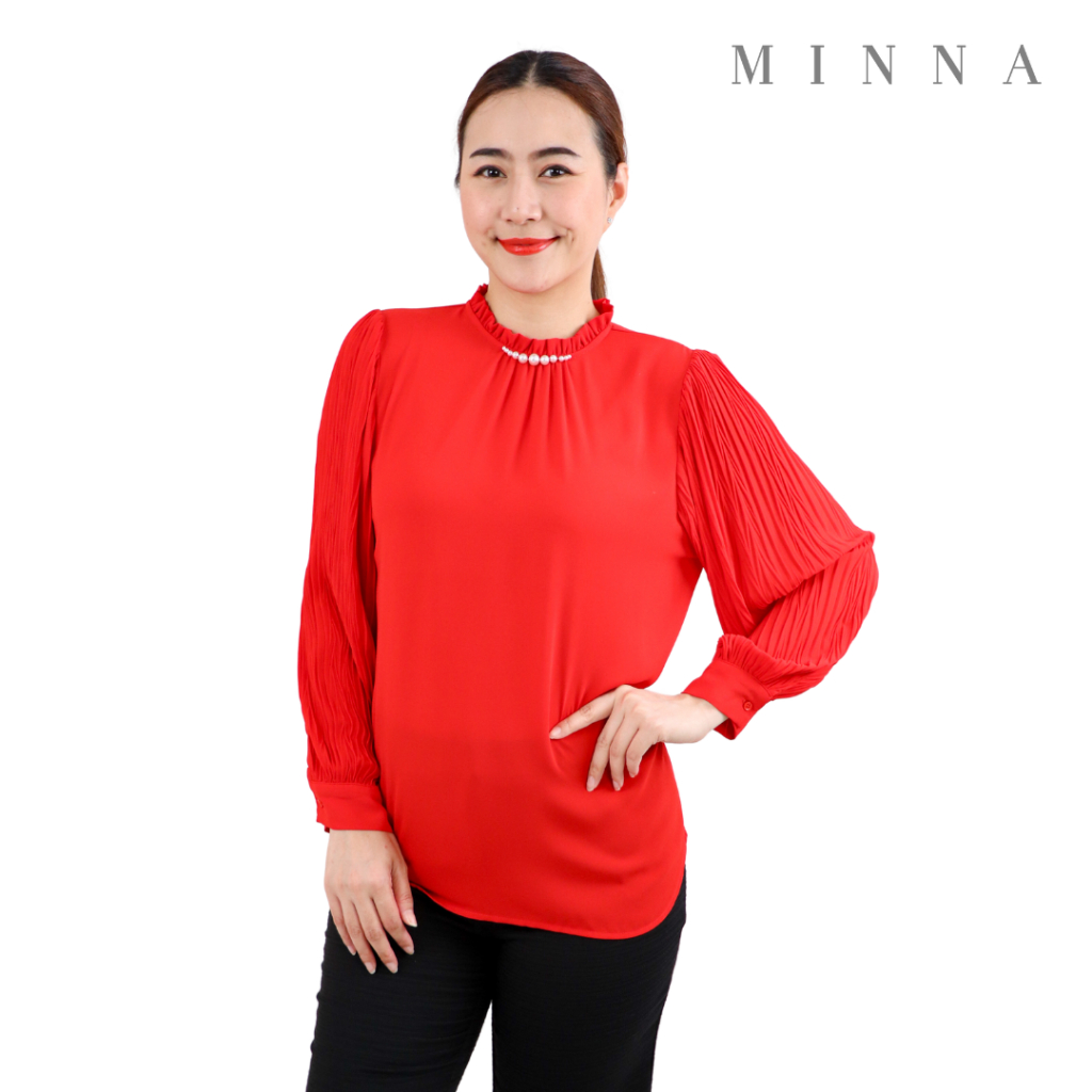 Minna เสื้อเบลาส์ผ้าจอร์เจีย แขนยาวอัดพลีท W5B771