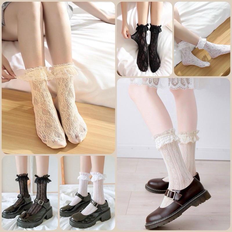 พร้อมส่งจากไทย ถุงเท้าซีทรูลูกไม้ แต่งขอบระบาย