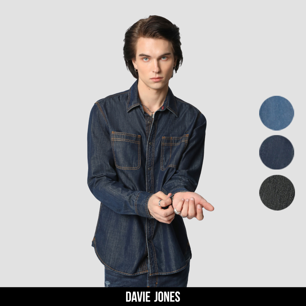 DAVIE JONES เสื้อเชิ้ต ยีนส์ แขนยาว Long Sleeve Denim Shirt SH0115 สีกรม กรมอ่อน ดำ