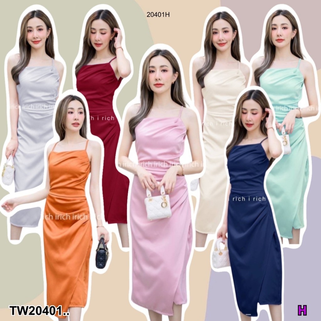 TwinsShopVip💗พร้อมส่ง TW20401 เดรสสายเดี่ยว ยาวคลุมเข่า เย็บจีบย่น ..