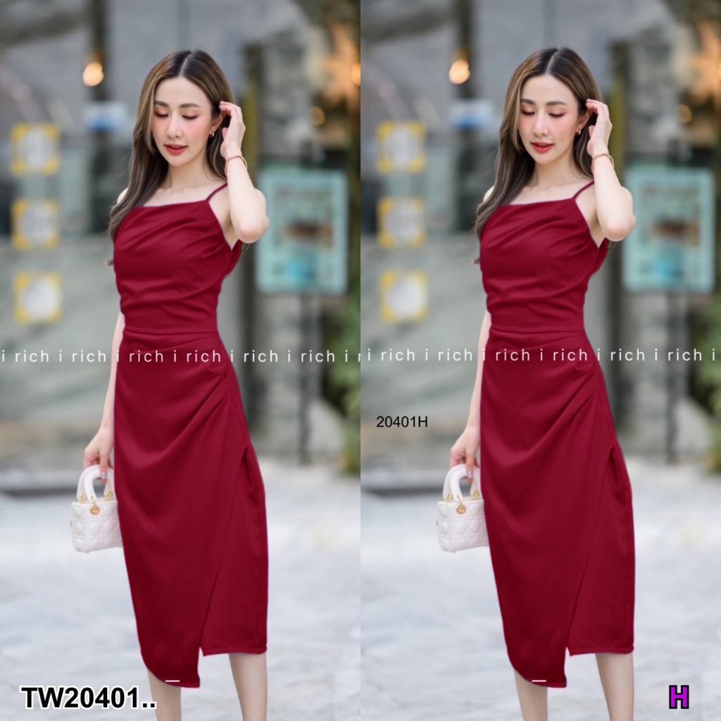 TwinsShopVip💗พร้อมส่ง TW20401 เดรสสายเดี่ยว ยาวคลุมเข่า เย็บจีบย่น .. - รูปที่ 5
