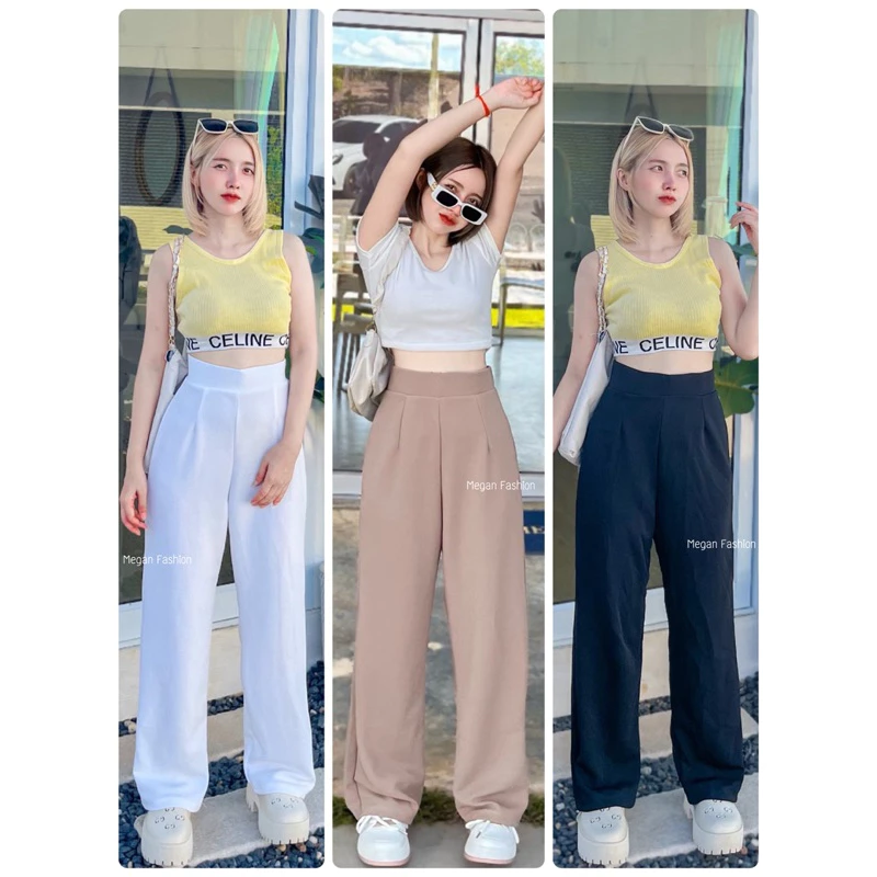 🧡กางเกงขายาวเอวสูง ผ้าวูลเวฟ รุ่นขอบเอวเรียบ🧡ผ้ายืด ใส่แล้วผอม🌈(ฟรีไซร์)🌈(ไม่มีกระเป๋า)
