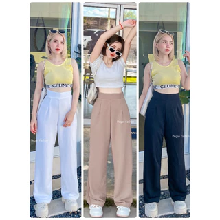 🧡กางเกงขายาวเอวสูง ผ้าวูลเวฟ รุ่นขอบเอวเรียบ🧡ผ้ายืด ใส่แล้วผอม🌈(ฟรีไซร์)🌈(ไม่มีกระเป๋า)