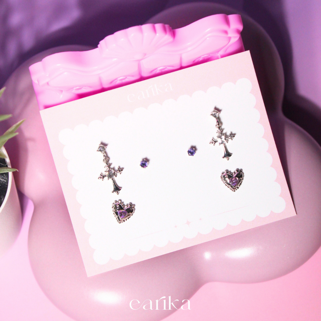 earika.earrings - irish soul cross set เซ็ตต่างหูแป้นทับธีมหัวใจสีม่วง ก้านเงินแท้ เหมาะสำหรับคนแพ้ง่าย