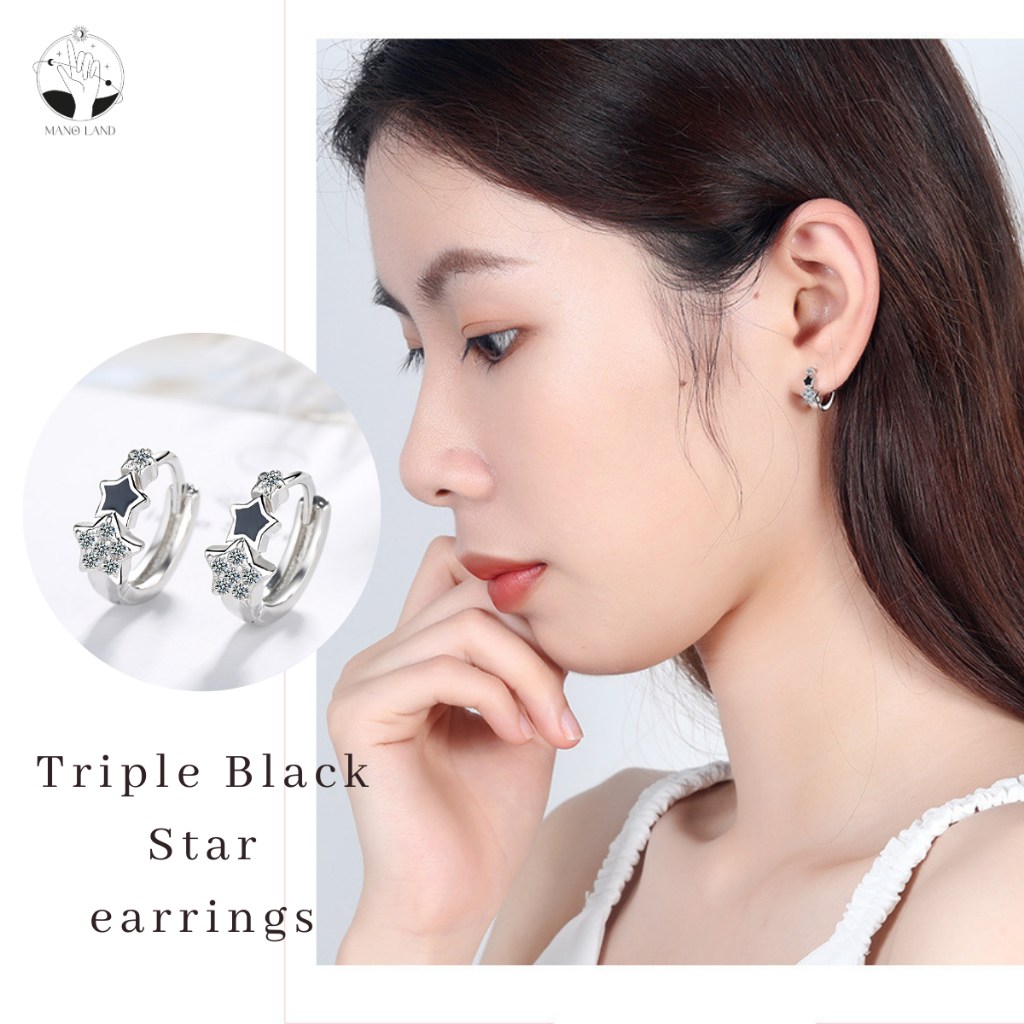 MNL ต่างหูห่วงคว้าดาว Triple Black Star เครื่องประดับผู้หญิง แฟชั่นเงินแท้ ไม่ลอกดำ มินิมอล เกาหลี ของขวัญ วันเกิด