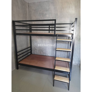เตียง2 ชั้น บันไดปีนเสริมแผ่นไม้ กันตกรอบเตียง ทำจากเหล็กกล่…