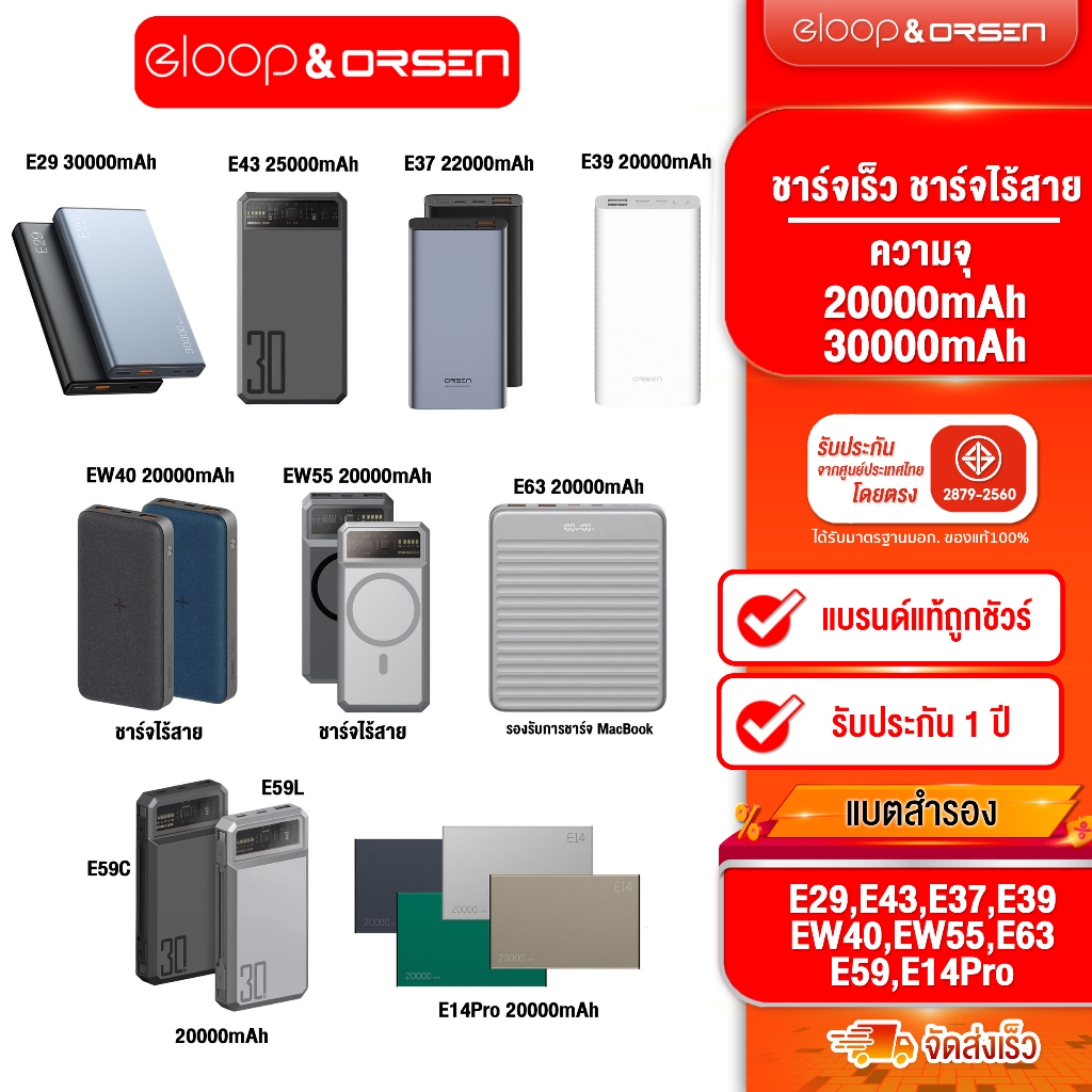 [ติดตาม รับส่วนลด] Powerbank 20000mahรุ่นฮิตE63 / E14Pro / E37 / E39 /E43 / EW40 / EW55 / E59C/E59L รับประกันของแท้100%