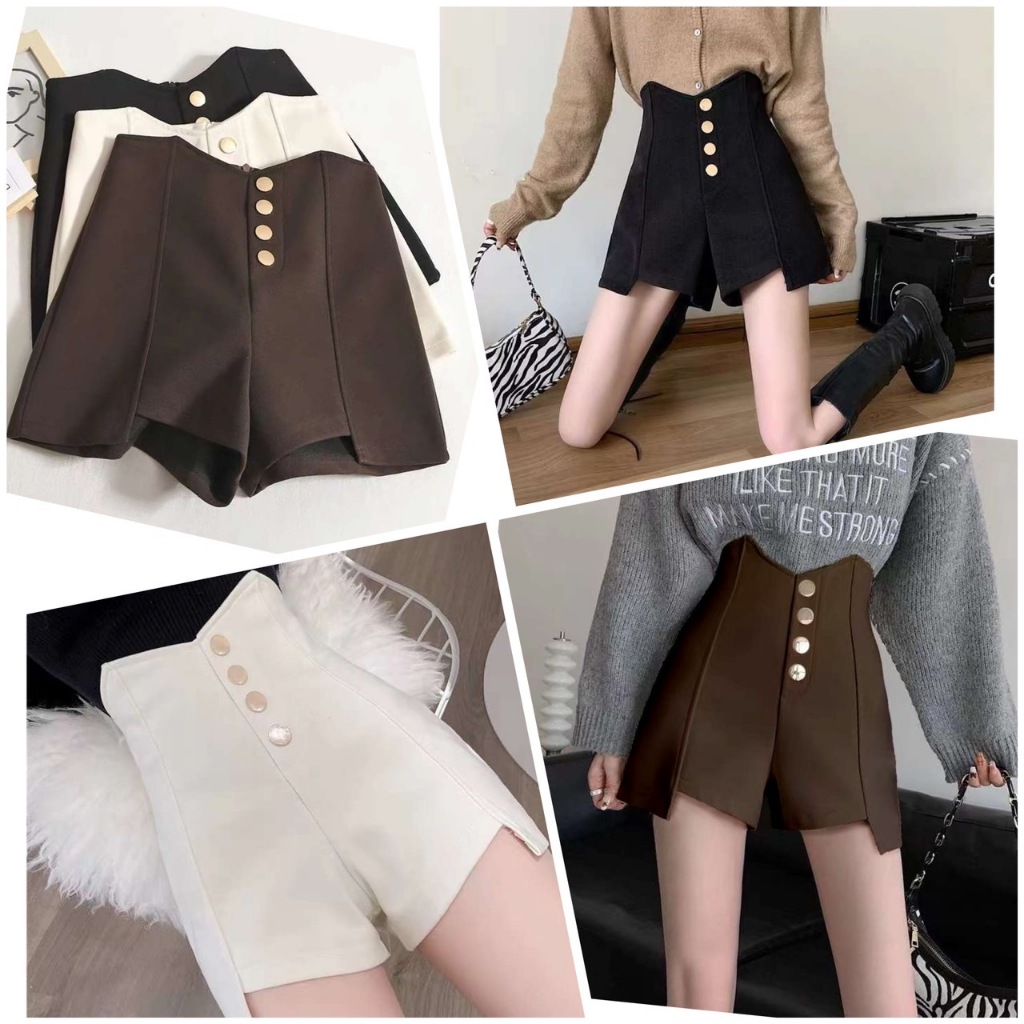 กางเกงขาสั้นเอวสูงแต่งกระดุมหน้าแต่งของเอว และชายกางเกงแบบตัดขอบเว้า #9980