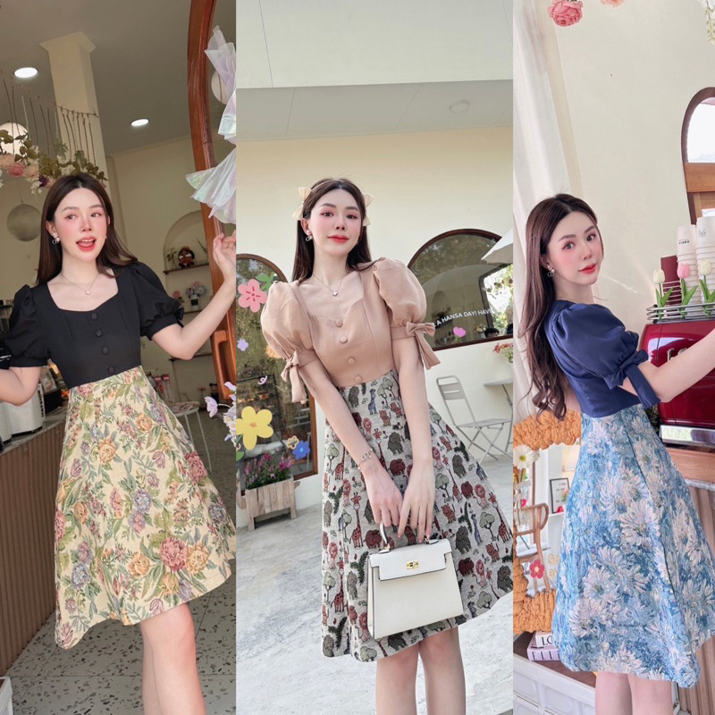 เดรสคอเหลี่ยมกระโปรงทอลาย BRT