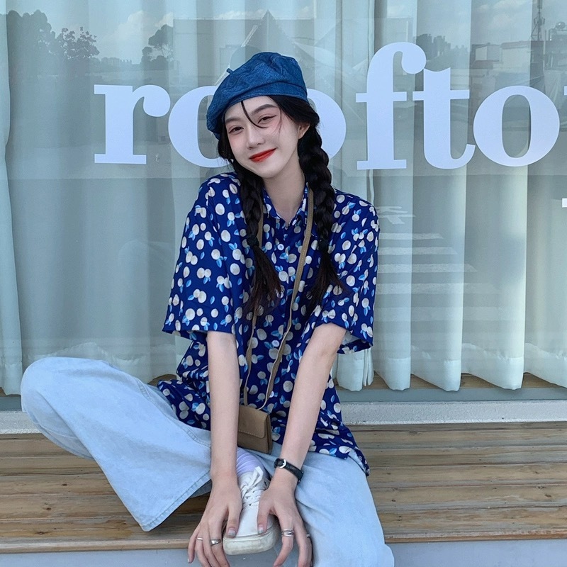 Pico|（ จัดส่งทันที ）เสื้อเชิ้ต Blue Peach เสื้อฮาวาย oversize สินค้ามาใหม่ ผ้านิ่ม สไตล์เกาหลีมา