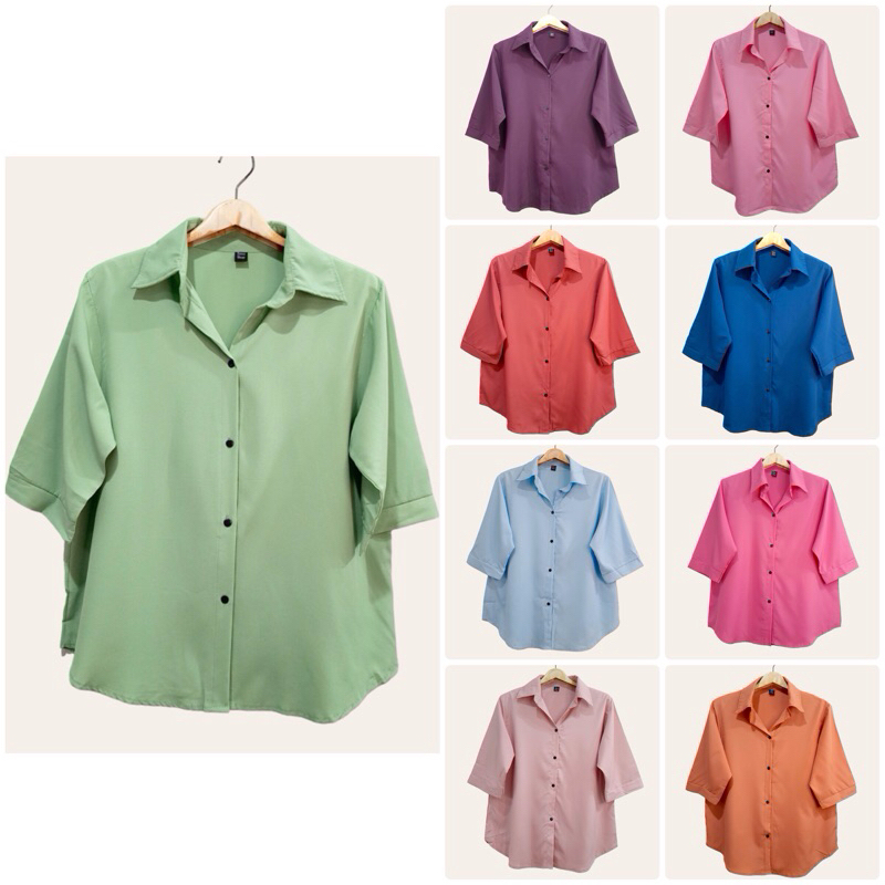 ใหม่ (อก 44”) เสื้อเชิ้ต เเขนสามส่วน ผ่าหน้า เสื้อเชิ้ตผู้หญิง สีพื้น ผ้าไหมอิตาลี ไม่ต้องรีด