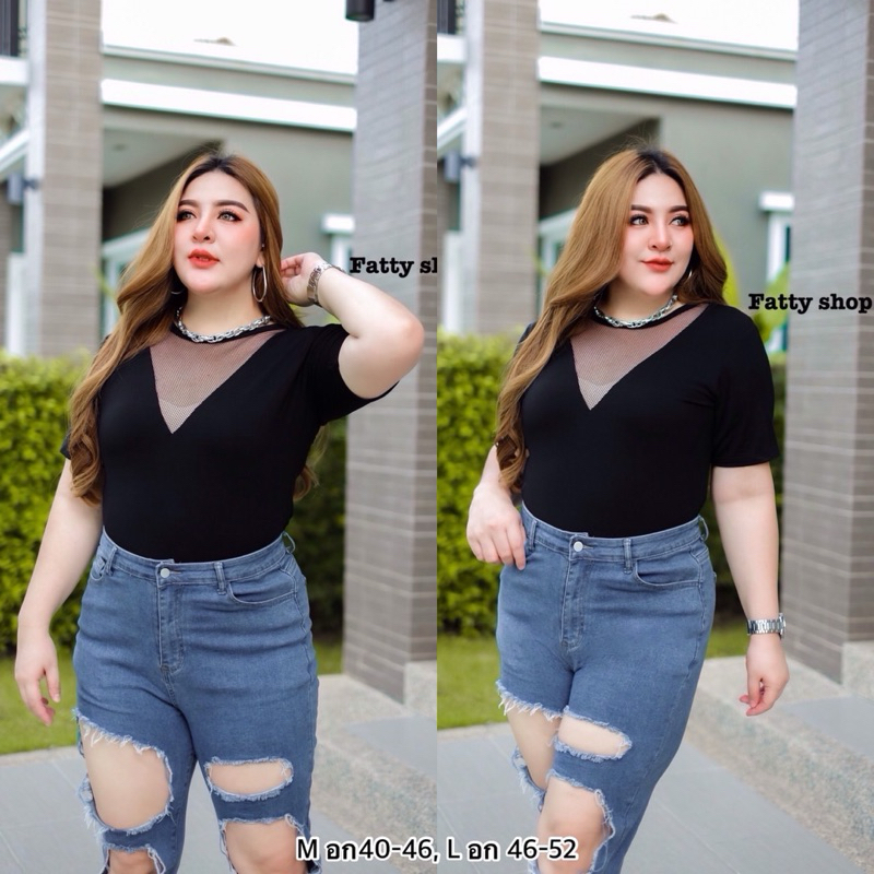 เสื้อสาวอวบ เสื้อเร่ย่อน แขนสั้น แต่งตาข่ายทคอวี ซีทรู