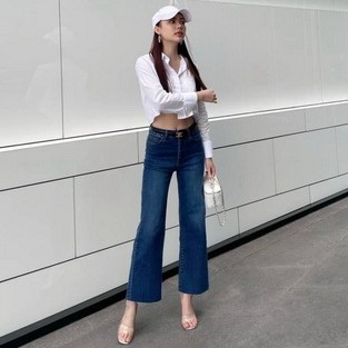 กางเกงยีนส์ยืดผู้หญิง ขาใหญ่ เอวสูง แบบ 5 กระเป๋า ฟอกไบโอลูบ…