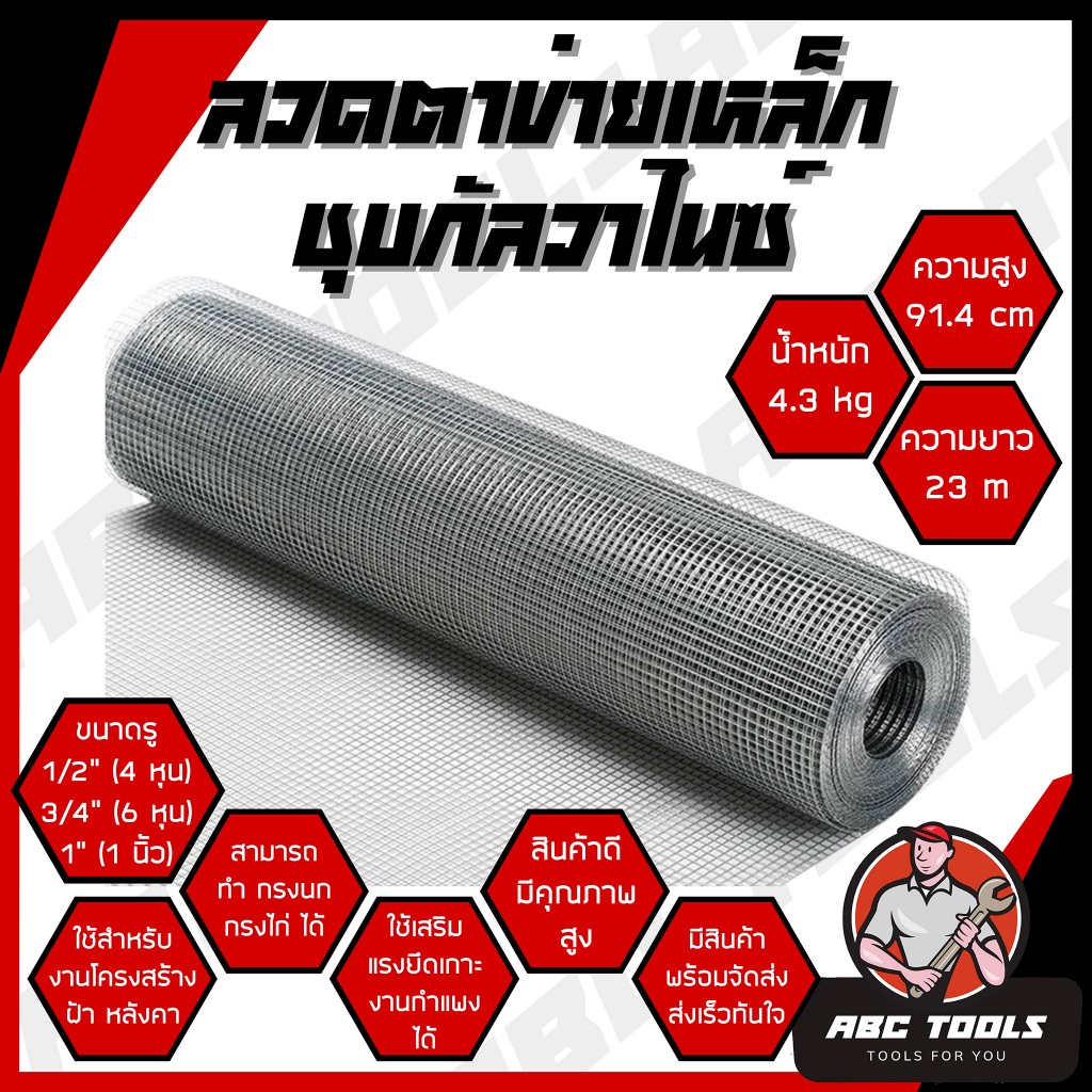 ลวดตาข่ายสี่เหลี่ยม ชุบกัลวาไนซ์ ขนาด 1/2 นิ้ว และ 3/4 นิ้ว และ 1 นิ้ว ตาข่ายกรงไก่ ตาข่ายกรงนก ตะแกรงกรงไก่