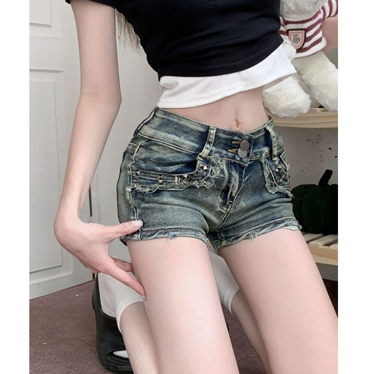 GHAOHES กางเกงขาสั้น💖  สั้นพิเศษ  สาวฮอต  เซ็กซี่ S-XL  ยีน ส์ ขา สั้น  ผอม ผอม หญิง v50