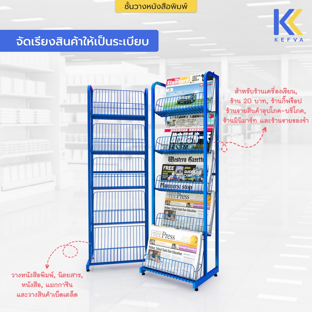 KEFVA ชั้นเหล็กวางของอเนกประสงค์ 5 ชั้น ชั้นวางนิตยสาร โชว์หนังสือ ขวดน้ำอัดลม [ชั้นวางหนังสือพิมพ์ ขนาด 35x50x150 cm] รูปที่ 3