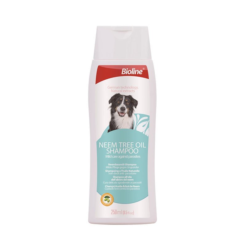 แชมพูอาบน้ำสุนัข สูตรน้ำมันหอมสะเดา กำจัดเห็บหมัด ยับยั้งเชื้อรา Bioline Neemtree oil shampoo 250ml.