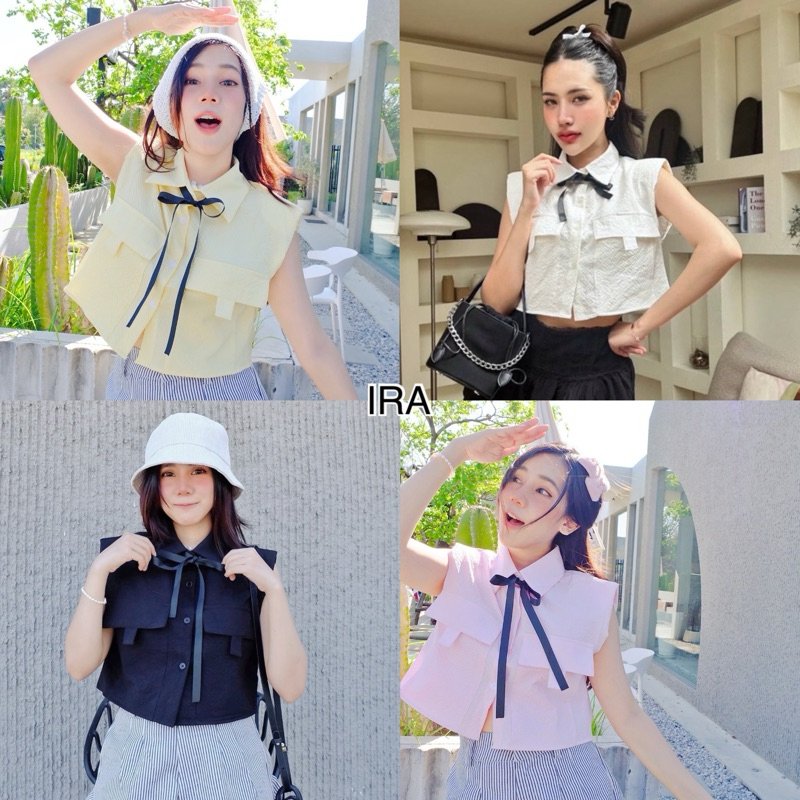 BY IRA Lily top (1124) เสื้อเชิ้ตครอปแขนกุดสีพื้น ดีเทลโบว์สุดน่ารัก