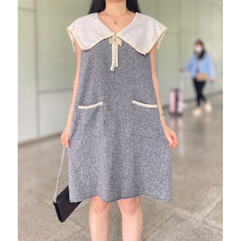 S40 เดรสคอปกระบายลูกไม้กะเป๋าคู่🛒👗